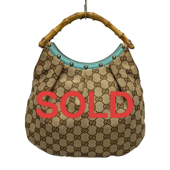 GUCCI GG/Bamboo Beige Light Blue Jacquard Leather Handbag 525-060625